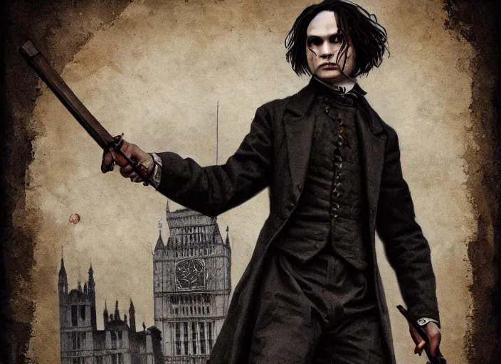 Prompt: frank dillane hunting vampires in london, victorian era, old english garb, gothic, horror, realistic, intricate, detailed, scary, beautiful, trending on artstation, masterpiece, sexy, seductive, handsome, cool