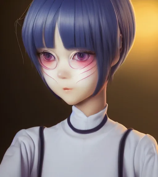 Prompt: Very beautiful portrait of an extremely cute and adorable Ayanami Rei, character design by Mark Ryden and Pixar and Hayao Miyazaki, unreal engine 5, DAZ, hyperrealistic, octane render, cosplay, fantasy RPG portrait, dynamic lighting, intricate detail, winter vibrancy, cinematic