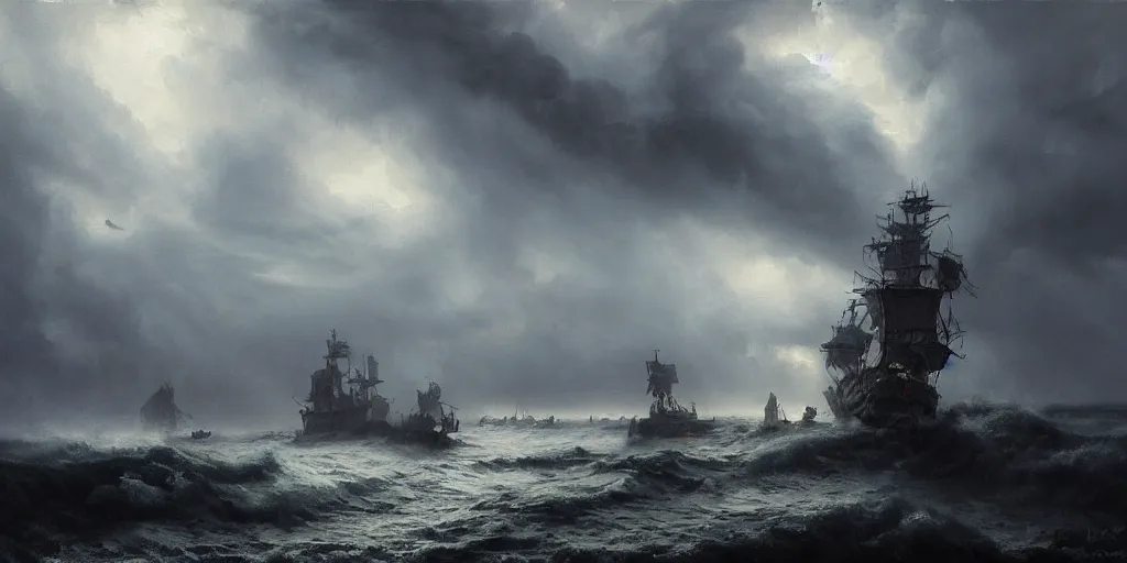 Image similar to A hyper realistic oil painting of a single pirate ship in a storm, dark clouds above, fog, lightning lights the sky, by Greg Rutkowski, hyper detailed, trending on artstation