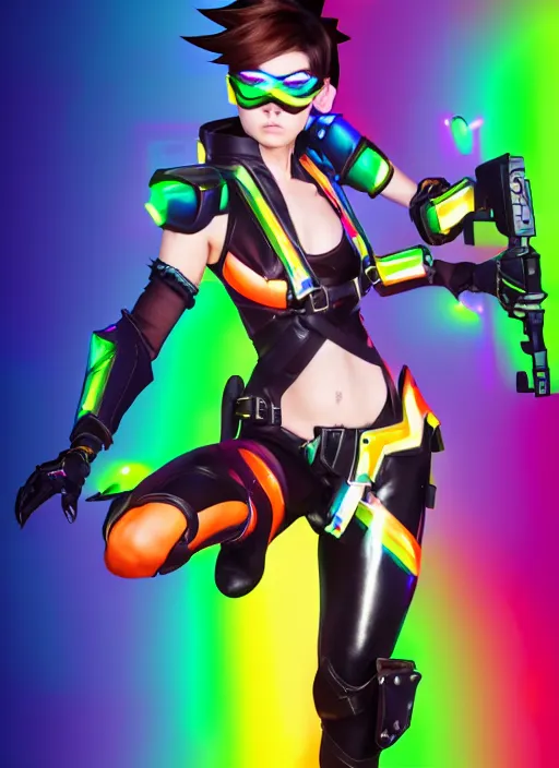 Image similar to full body overwatch style oil painting portrait of tracer overwatch, confident pose, wearing black jagged iridescent rainbow latex armor, rainbow, neon, 4 k, expressive surprised expression, makeup, wearing rainbow neon choker, studio lighting, black leather harness, expressive detailed face and eyes,