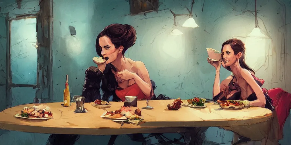 Prompt: cartoonish eva green eating dinner, vivid colors, character sheet, fine details, concept design, contrast, kim jung gi, greg rutkowski, trending on artstation, 8 k, full body, turnaround, front view, back view, ultra wide angle