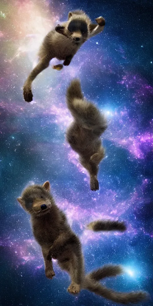 Prompt: ultra realistic honey badger floating in space suits floating in space, 4 k, 8 k, nebula, universe, many stars, space station