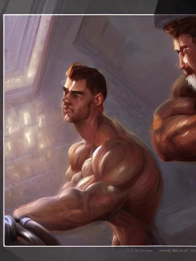 Prompt: a handsome man flirting in the gym. intricate, elegant, highly detailed, digital painting, artstation, cinematic shot, concept art, sharp focus, illustration, by justin gerard and artgerm, 8 k