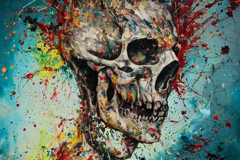 Prompt: a splattered action painting by jackson pollock showing a skull, ultradetailed, fine art painting, peter mohrbacher, moebius, face carving, frottage, watercolor, acrylic, multilayered paint, spectacular splatter explosion, psychedelic art