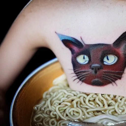 Image similar to a micro tattoo of a siamese cat laying in a bowl of ramen noodles