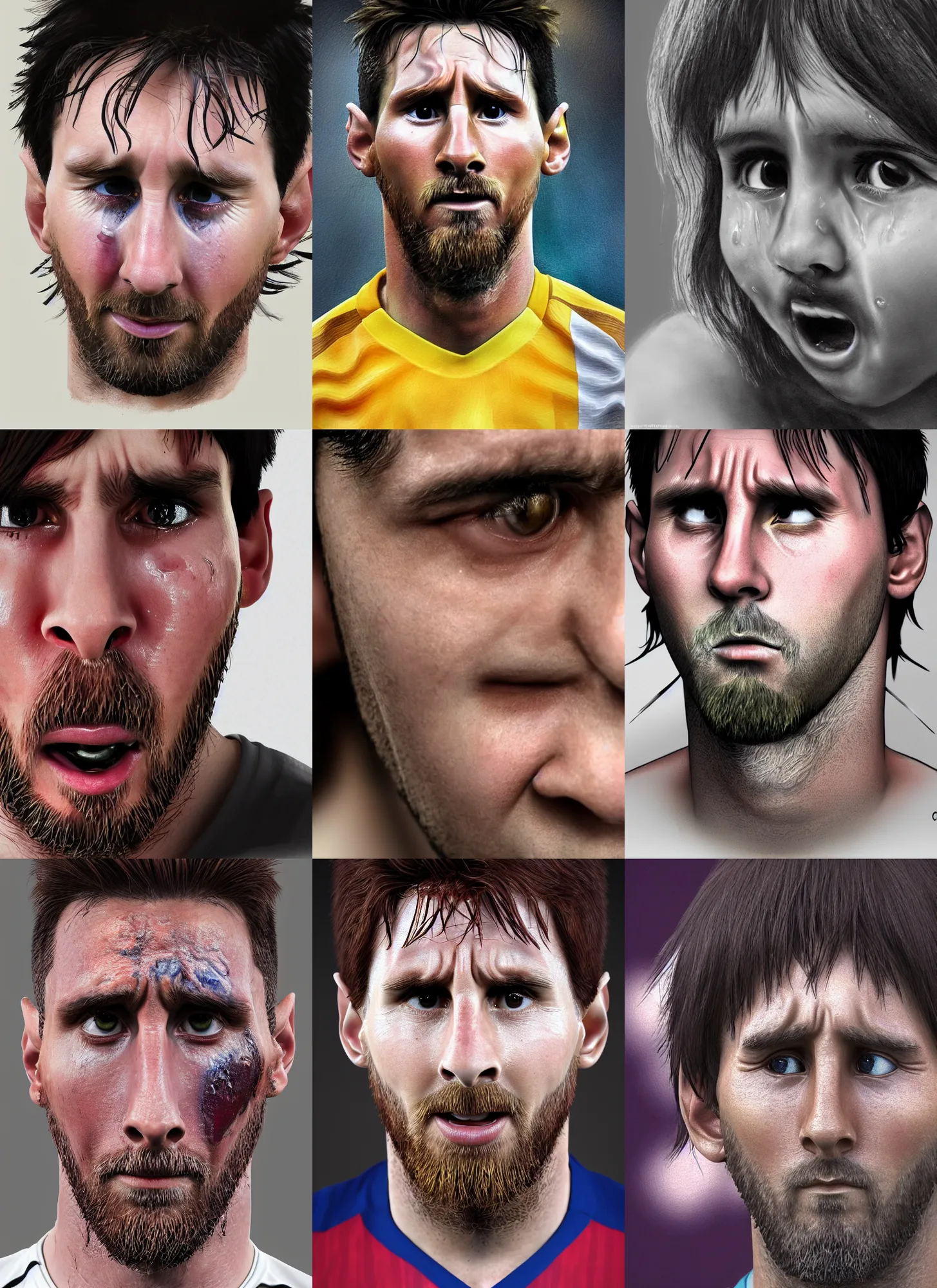 Prompt: portrait of ((cute)) crying Messi!!, photorealistic, single !!tear!!, Messi, cry, 35mm, tears drip from the eyes, noticeable tear on the cheek, tear, tear on face, close-up, Octane render, trending on Artstation, 4k, 8k, perfect face, highly detailed, (beautiful eyes), digital art