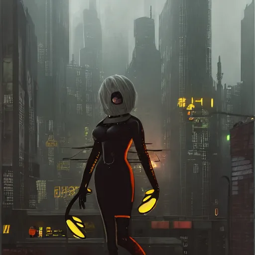 Image similar to new york city portrait of 2B nier automata as a furry anthro anthropomorphic animal person fursona wearing skin tight clothes muzzle gloomy rainy screenshot from the video game cyberpunk 2077 digital art by Greg Rutkowski, Simon Stalenhag, christopher nolan trending on Artstation, CGSociety