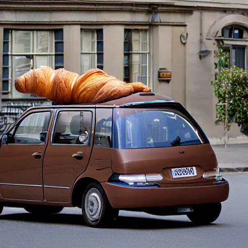 Prompt: street view image a car made of croissant
