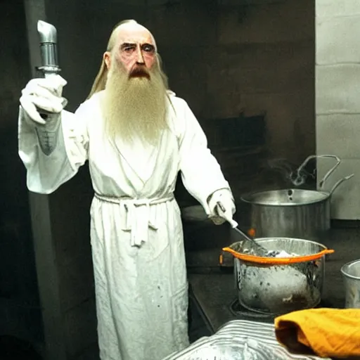 Image similar to Saruman the White cooking meth like Walter White in breaking bad