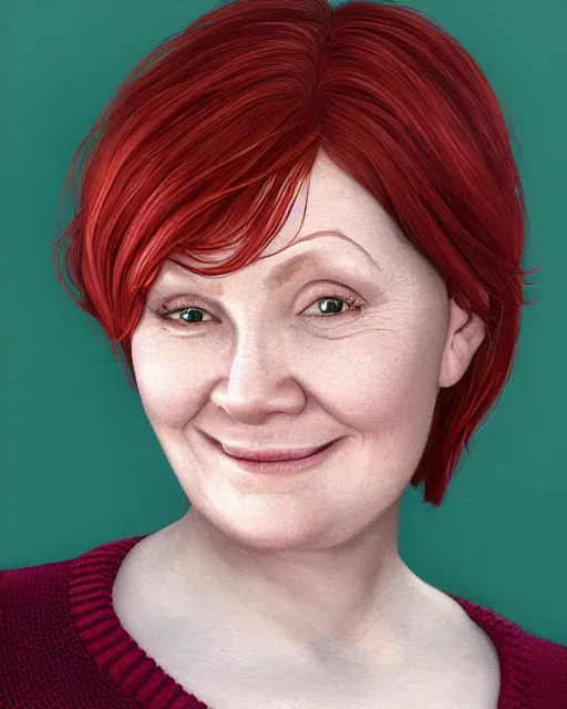 Prompt: portrait smiling of short and plump 5 0 - year - old woman with red hair and, kind face, round face, short hair, molly weasley, wearing in cardigan, hyper realistic face, beautiful eyes, character art, art by mark brooks, hyperdetailed, cryengine, trending on artstation, digital art