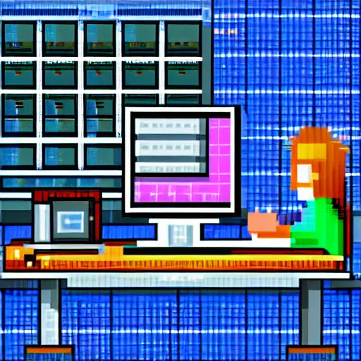 Image similar to pixel art of programmer in front of his computer station, pixel art, detailed, ideal symmetry, perfect pixel alignment, 8 k,