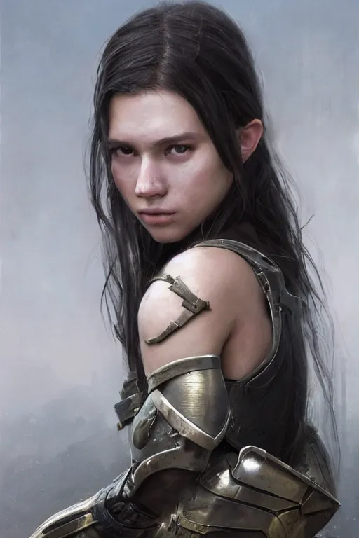 Image similar to a photorealistic painting of an attractive young girl, partially clothed in battle armor, olive skin, long dark hair, beautiful bone structure, symmetrical face, perfect eyes, intricate, elegant, digital painting, concept art, illustration, sharp focus, minimal artifacts, from Metal Gear, in the style of Ruan Jia and Mandy Jurgens, by Greg Rutkowski, trending on Artstation, award winning