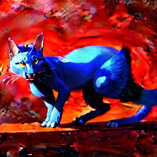 Image similar to blue cat eating red sable painting by eddie mendoza, greg rutkowski