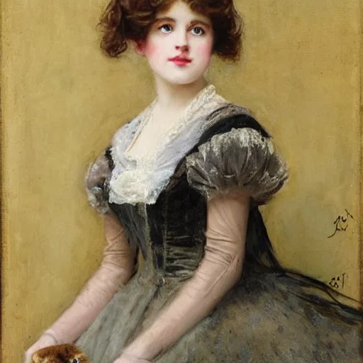 Image similar to young victorian lady in ball gown petting a cat, painted by alfred stevens