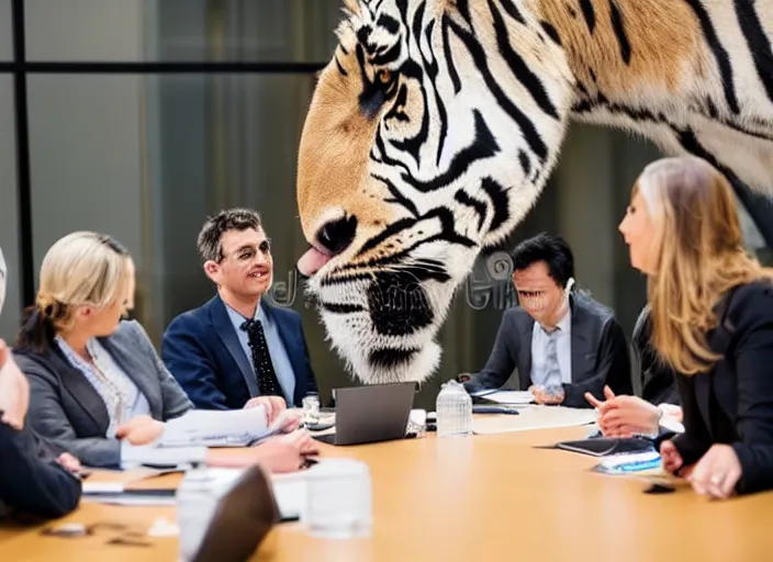 Image similar to photo of a zoo animals attending a management board meeting. Highly detailed 8k. Intricate. Sony a7r iv 55mm. Stock photo.