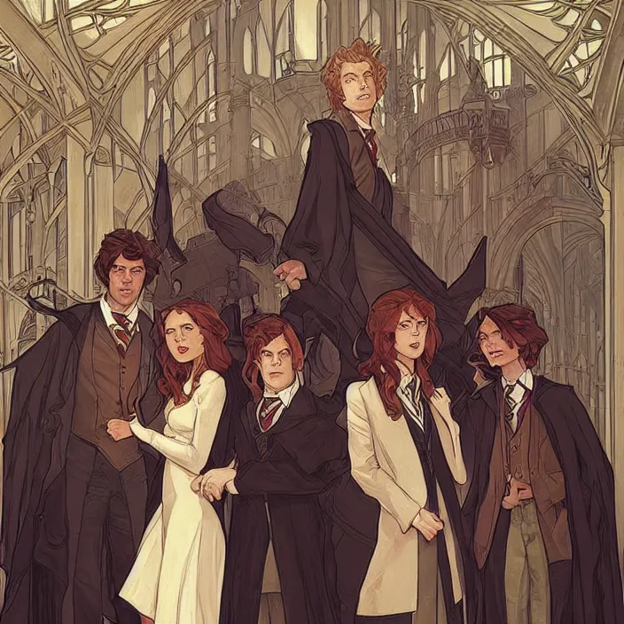 Image similar to harry, hermione and ron during their first year at hogwarts by artgerm, greg rutkowski, alphonse mucha