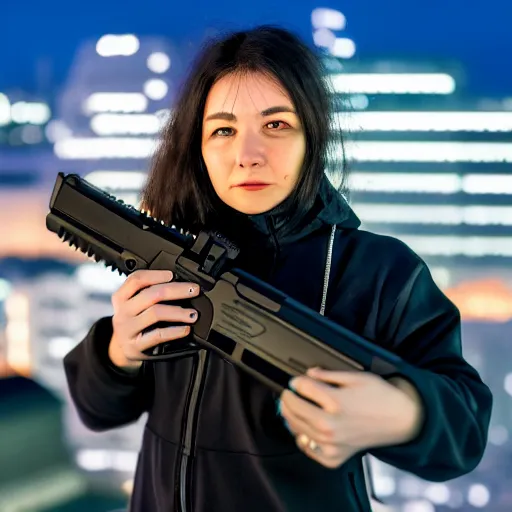 Image similar to photographic portrait of a techwear woman holding a Glock 18, closeup, on the rooftop of a futuristic city at night, sigma 85mm f/1.4, 4k, depth of field, high resolution, 4k, 8k, hd, full color