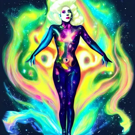 Image similar to lady gaga, lady gaga, lady gaga, galaxies and nebula flowing out of his body, artgerm, psychedelic floral planets, trending on artstation