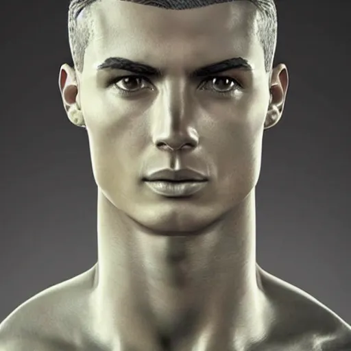 Image similar to “a realistic detailed photo of a guy who is an attractive humanoid who is half robot and half humanoid, who is a male android, Cristiano Ronaldo, shiny skin, posing like a statue, blank stare”