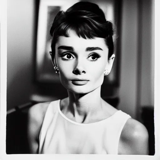 Prompt: photo of young Audrey Hepburn by Diane Arbus, extreme closeup, black and white, high contrast, Rolleiflex, 55mm f/4 lens