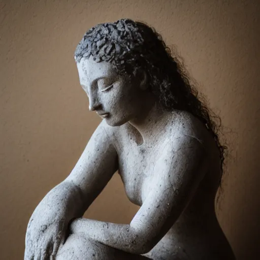 Image similar to a lady made out of stone and metal sits on a bed, full body, 5 0 mm lens, f 1. 4, sharp focus, ethereal, emotionally evoking, head in focus, volumetric lighting, 8 k