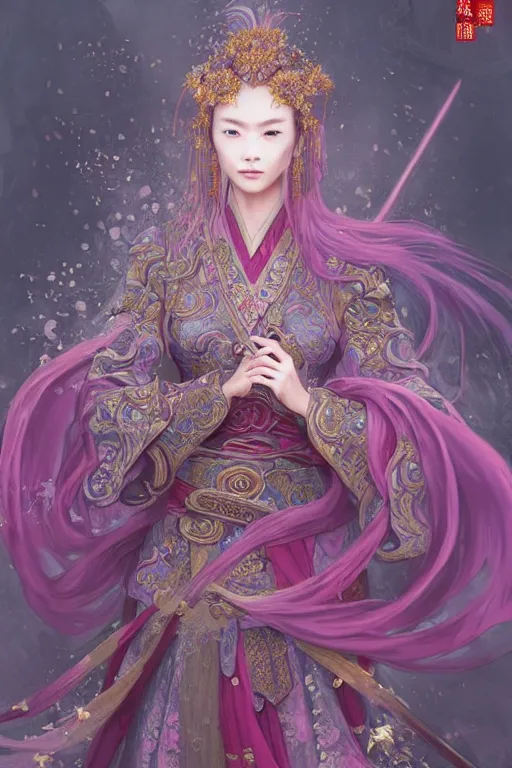 Image similar to beautiful ancient fantasy portrait of wuxia heroine like tzuyz twice, n forbidden City, hybrid from Dynasty Warriror, flowers sea rainning everywhere, intricate, very very beautiful, elegant, highly detailed, digital painting, beautiful glowing galaxy eyes, artstation, fantasy concept art, smooth, sharp focus, illustration, art by tian zi and alphonse mucha and WLOP