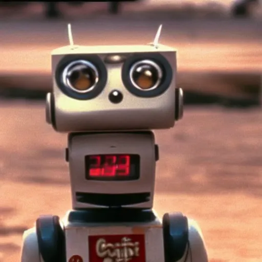 Prompt: robot Johnny 5 in Short Circuit 1986, cinematic still by Nick McLean