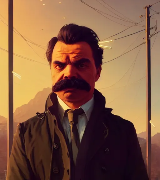 Image similar to Highly detailed portrait of Nietzsche in GTA V, Stephen Bliss, unreal engine, fantasy art by Greg Rutkowski, Loish, Rhads, ferdinand knab, Makoto Shinkai and Lois van baarle, ilya kuvshinov, rossdraws, Tom Bagshaw, global illumination, radiant light, detailed and intricate environment