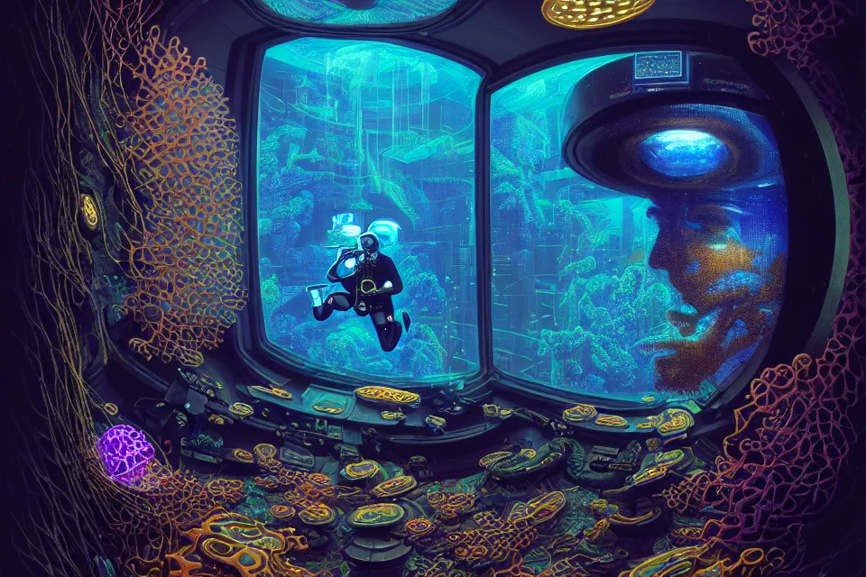 Prompt: detailed portrait of a cyberpunk scuba diver inside a dmt portal, cinematic lighting, corals, big mirrors, stacked computer screens, science lab, fish eye lens, wide angle, 8 k high resolution, by james r eads and tomasz alen kopera