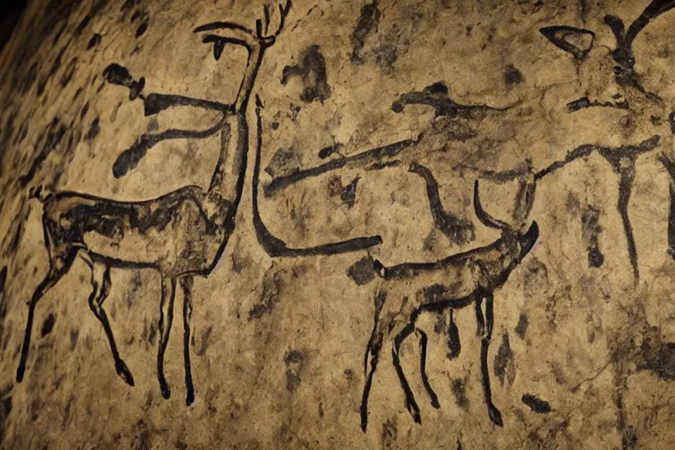 Image similar to a cave painting of a deer and a 1 9 5 0 s sci - fi robot mecha. lascaux cave paintings, chauvet