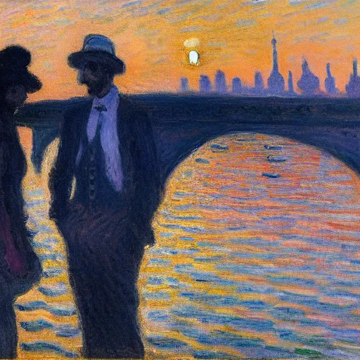 Prompt: young couple standing on a bridge over the seine in paris, claude monet, golden hour, detailed,