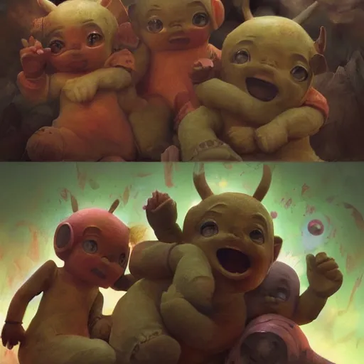 Image similar to teletubbies on a destructive rampage. people flee them in fear., by stjepan sejic, ruan jia, and mandy jurgens, and artgerm, and william adolphe bouguereau 8 k. epic digital art. trending on artstation. trending on deviantart.