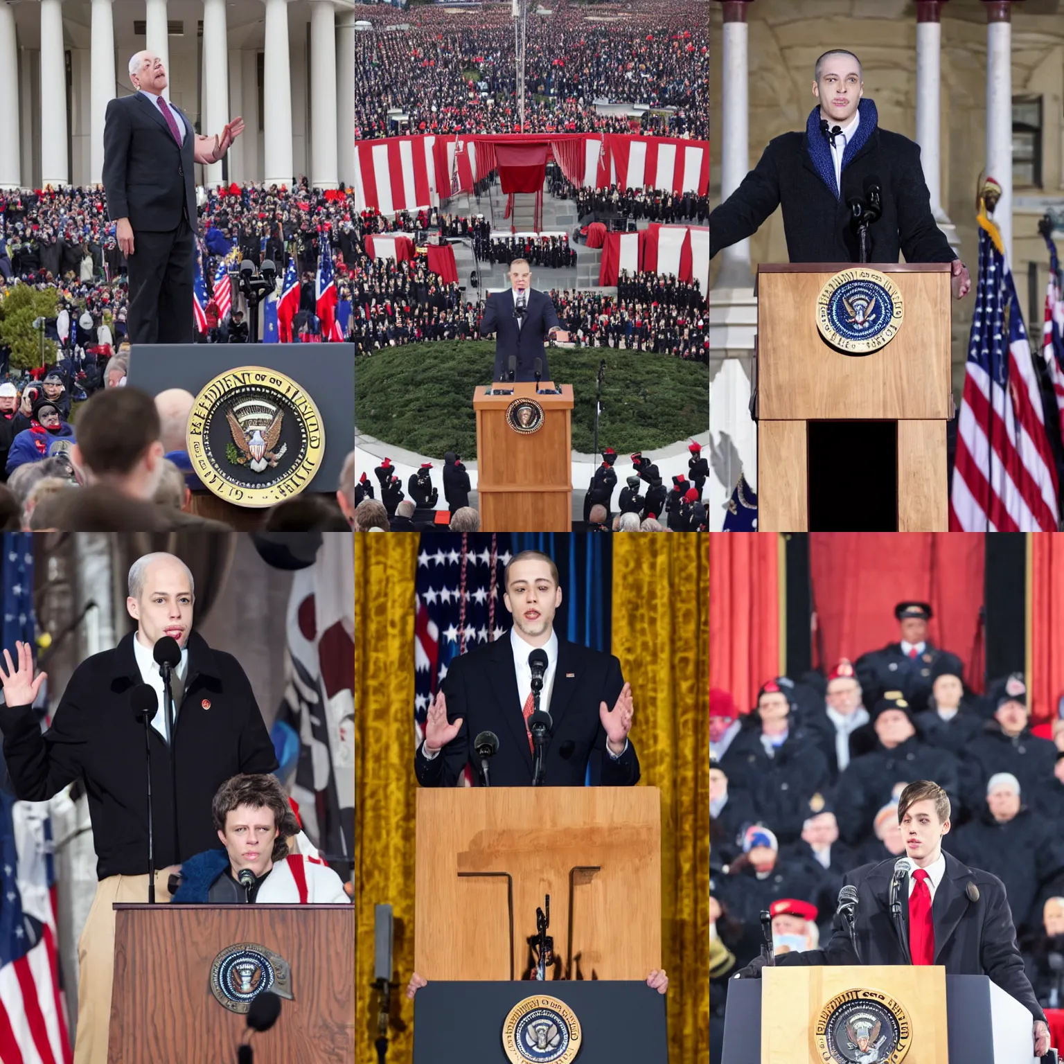 Prompt: President Pete Davidson addressing the nation at his inaguration, speech