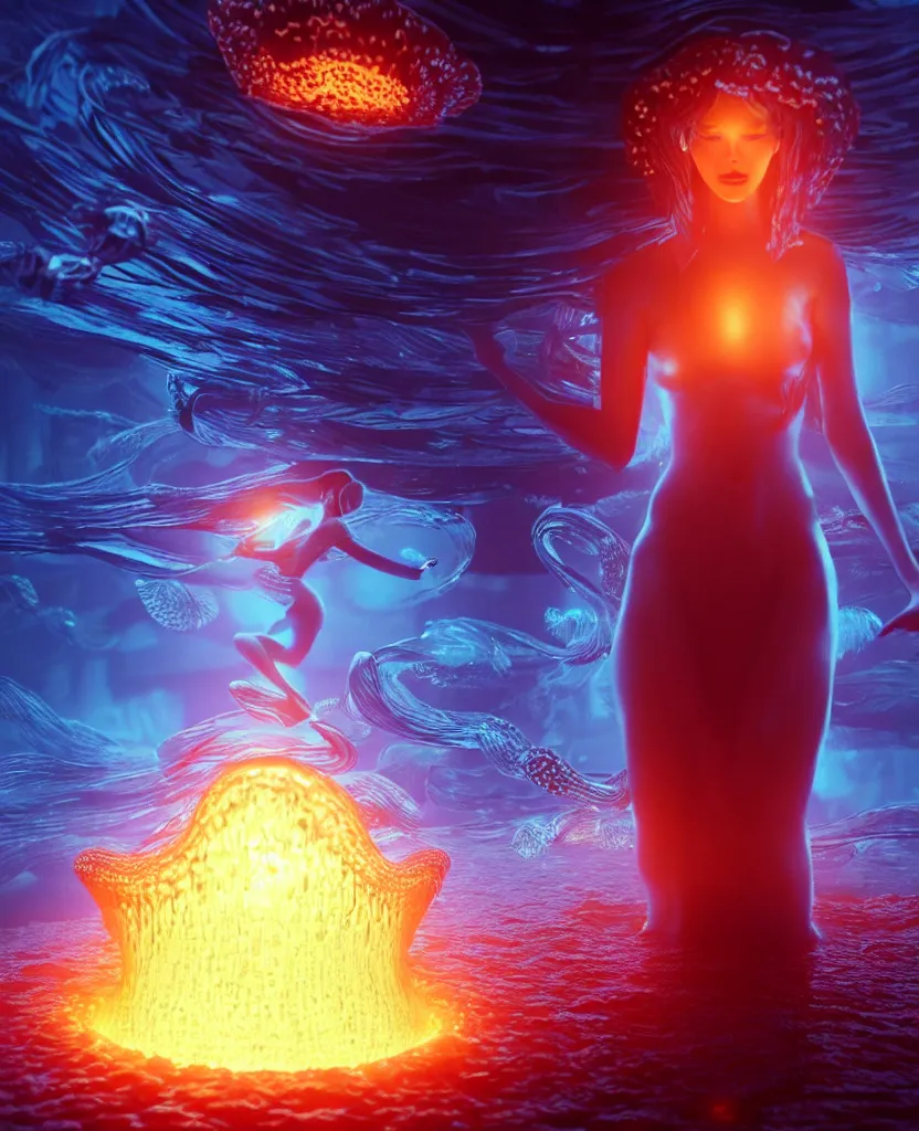 Image similar to close-up portrait of a beautiful girl floating in ethereum surrounded by floating jellyfish, energy flows of fire and water, flashes of plasma, 3d with depth of field, blurred background, a highly detailed epic cinematic concept art CG render. made in Maya, Blender and Photoshop, octane render, excellent composition, cinematic dystopian brutalist atmosphere, dynamic dramatic cinematic lighting, aesthetic, very inspirational, arthouse. y Greg Rutkowski, Ilya Kuvshinov, WLOP, Stanley Artgerm Lau, Ruan Jia and Fenghua Zhong