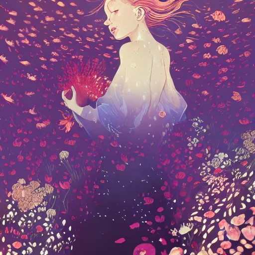 Prompt: Ginger woman in a swirling sundress of flowers, underwater, floral explosion, radiant light, vortex of plum petals, by WLOP, Victo Ngai and artgerm, artstation, deviantart