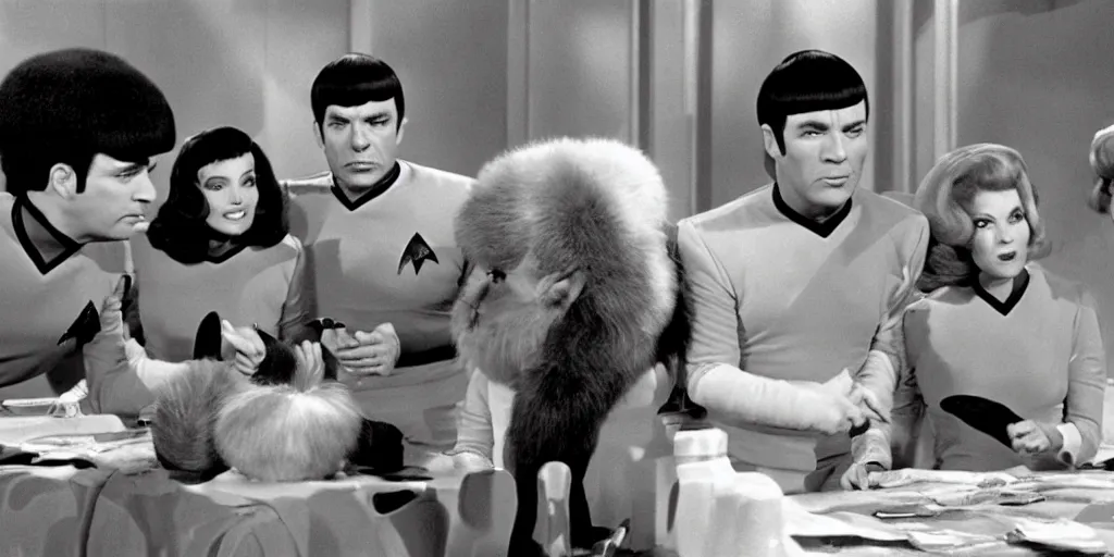 Image similar to a scene from Trouble with Tribbles, an episode of the original Star Trek series