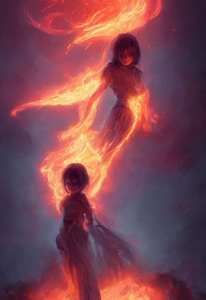 Image similar to a fancy portrait of a small female celestial engulfed in coloured flames by greg rutkowski, sung choi, mitchell mohrhauser, maciej kuciara, johnson ting, maxim verehin, peter konig, bloodborne, 8 k photorealistic, cinematic lighting, hd, high details, dramatic, dark atmosphere, trending on artstation