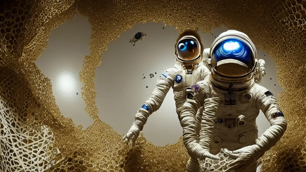 Image similar to a astronaut eva suit covered in diamond 3d fractal lace iridescent bubble 3d skin and covered with insectoid compound eye camera lenses floats through the living room, film still from the movie directed by Denis Villeneuve with art direction by Salvador Dalí, wide lens,