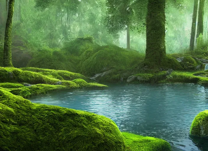 Prompt: A natural pool in a forest with tall trees, overgrown with moss, surrounded by lush plants, vines hanging from the tall trees, pine trees, detailed, digital art, trending on Artstation, atmospheric, volumetric lighting, hyper-realistic, Unreal Engine, sharp