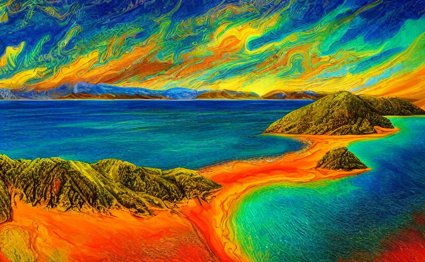 Prompt: golden bay abel tasman new zealand in the style of psychedelic oil painting, digital art, high quality, highly detailed, high coherence,, concept art, marterpiece