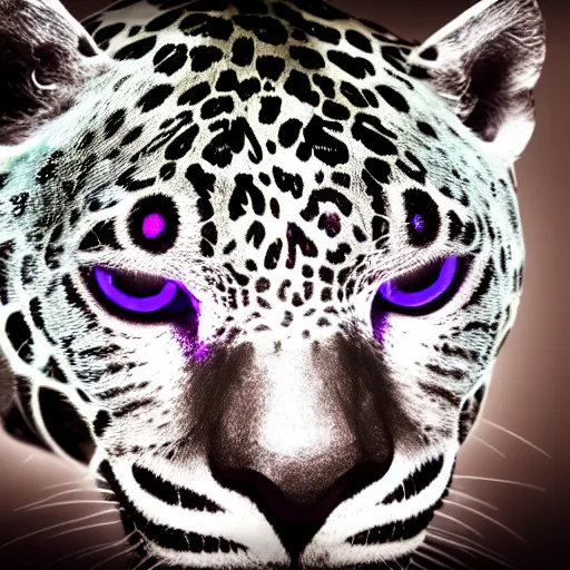 Image similar to portrait photography of a silver jaguar sculpture with glowing purple eyes