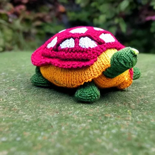 Prompt: a closeup photorealistic smiling knitted cartoonish tortoise.