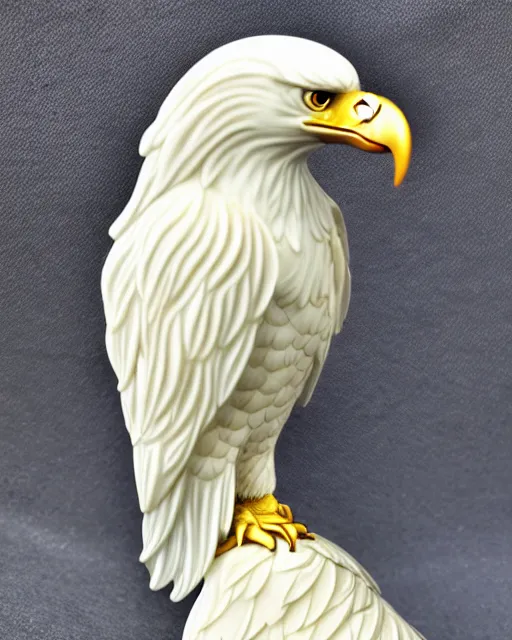 Prompt: gorgeous ornated snow white porcelain realistic detailed sacred bald eagle statue with golden filigree carved out of ivory, high resolution photo, crisp