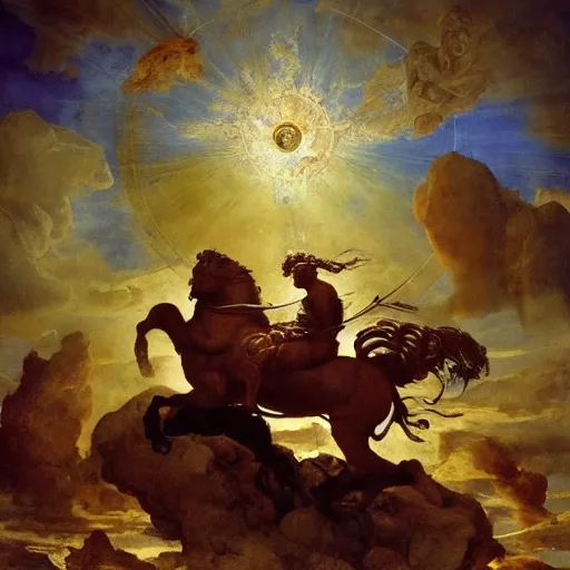 Image similar to Tragic Portrait of Phaethon the Demigod losing control of the chariot chariot that is the sun careening through the zodiac filled stratosphere Ilya Repin Michelangelo Buonarotti Leonardo Da Vinci rodin greg rutkowski james gurney tombow masterpiece fresco quadratura Trompe-lœil