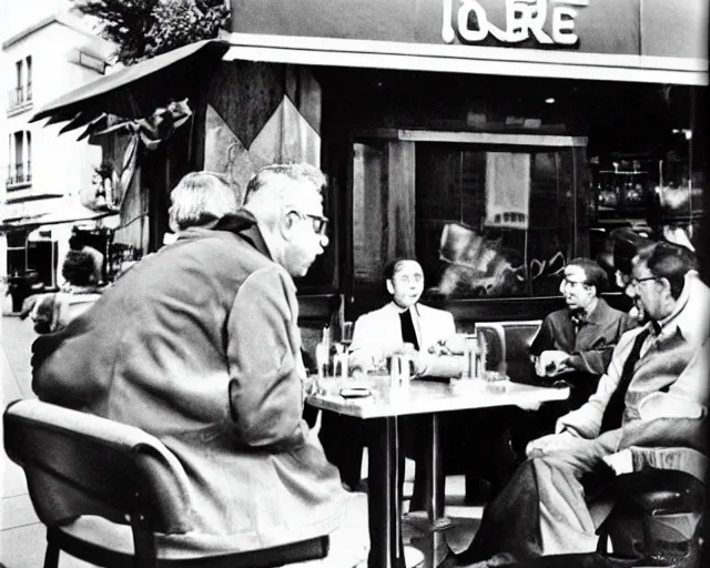 Prompt: godzilla is seated in a restaurant, at the terrace of a parisian cafe and talks with jean - paul sartre. award winning photography