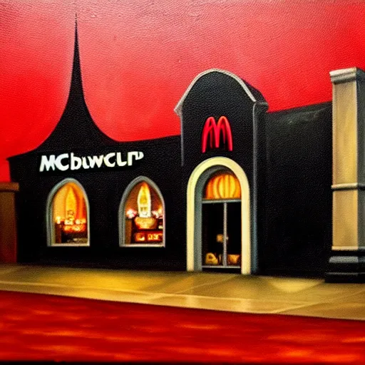 Image similar to dark, gothic, vampire, mcdonalds restaurant, oil painting