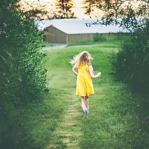 Image similar to A girl runs to the center of the frame in a yellow sundress, a red elastic band for her hair, a full-length profile, a night photo, a barn and bushes with trees in the background, realistic photo, 8k, 35 mm