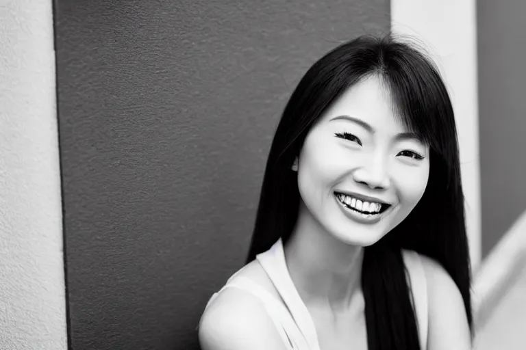 Prompt: still photo of a beautiful asian woman smiling at the camera on the street, black and white color aesthetic, highly detailed, photorealistic portrait, bright studio setting, studio lighting, crisp quality and light reflections, unreal engine 5 quality render