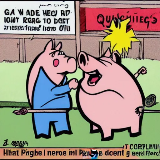 Prompt: a cartoon of a pig screaming in horror as another pig gets barbequed, funny, by Disney