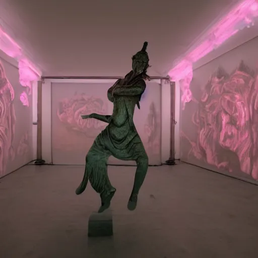 Image similar to photorealistic underground dance club, chinese exquisite carving sculpture, the sculpture is inflatable, fog pink hell themed, bosch paintings on walls, fog pink orchids growing on people, the human body is slowly merging with the sculpture, phantom, francis bacon, people wear surreal dramatic down jackets designed by jean - paul gaultier, epic photorealistic octane render ， hd film camera